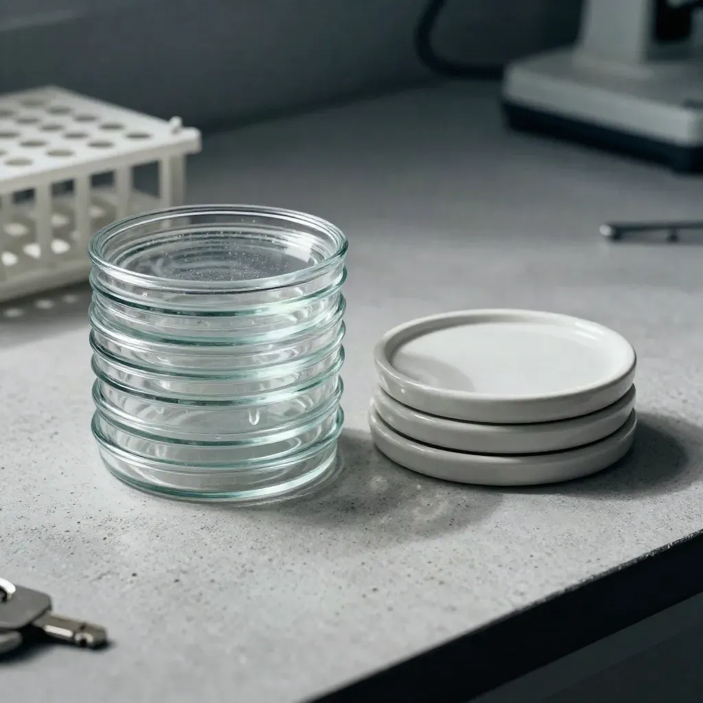 Glass petri lids, sample rack and ceramic culture dishes on pale concrete in dramatic lab light.