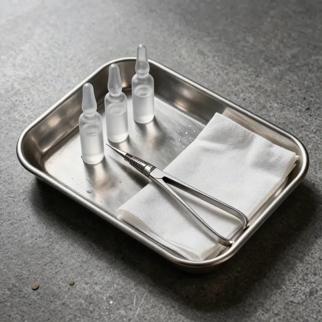 Top-down macro of a stainless ampoule tray with frosted vials, gauze, and forceps on stone.