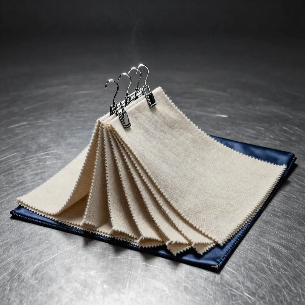 Wool swatches, metal clips, and a satin board on brushed steel with soft directional light.