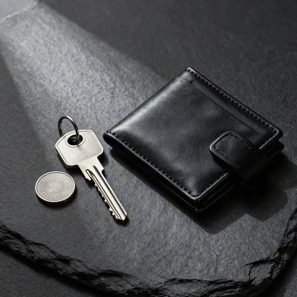 Top-down still life of a cash key, security token and leather wallet on dark slate.