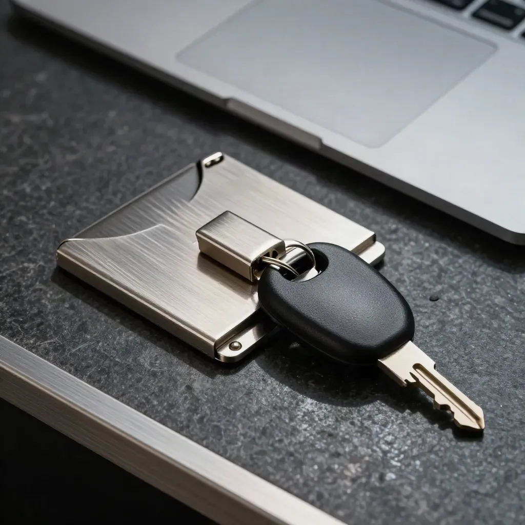 Vault latch closing over a brushed metal card holder and matte key fob on dark stone