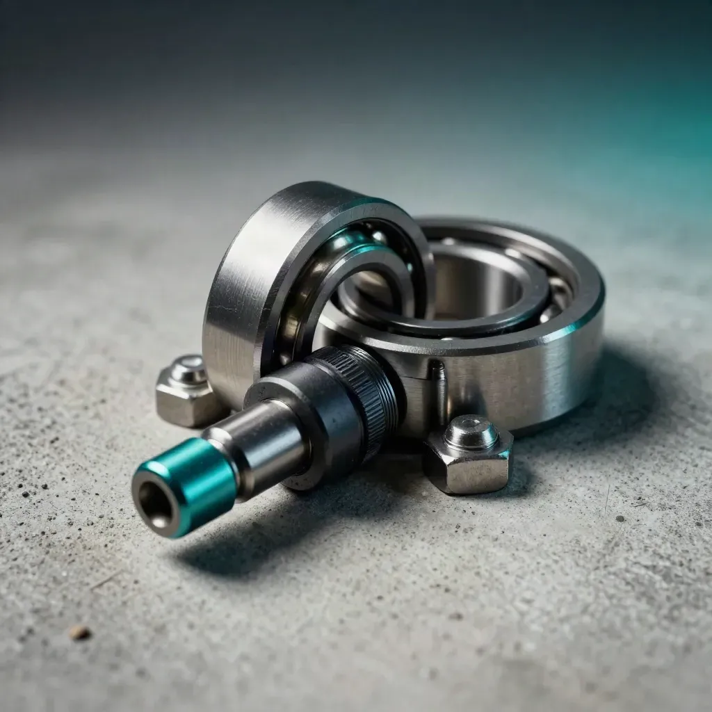 Machined bearing parts aligned on concrete with teal accent and workshop dust.
