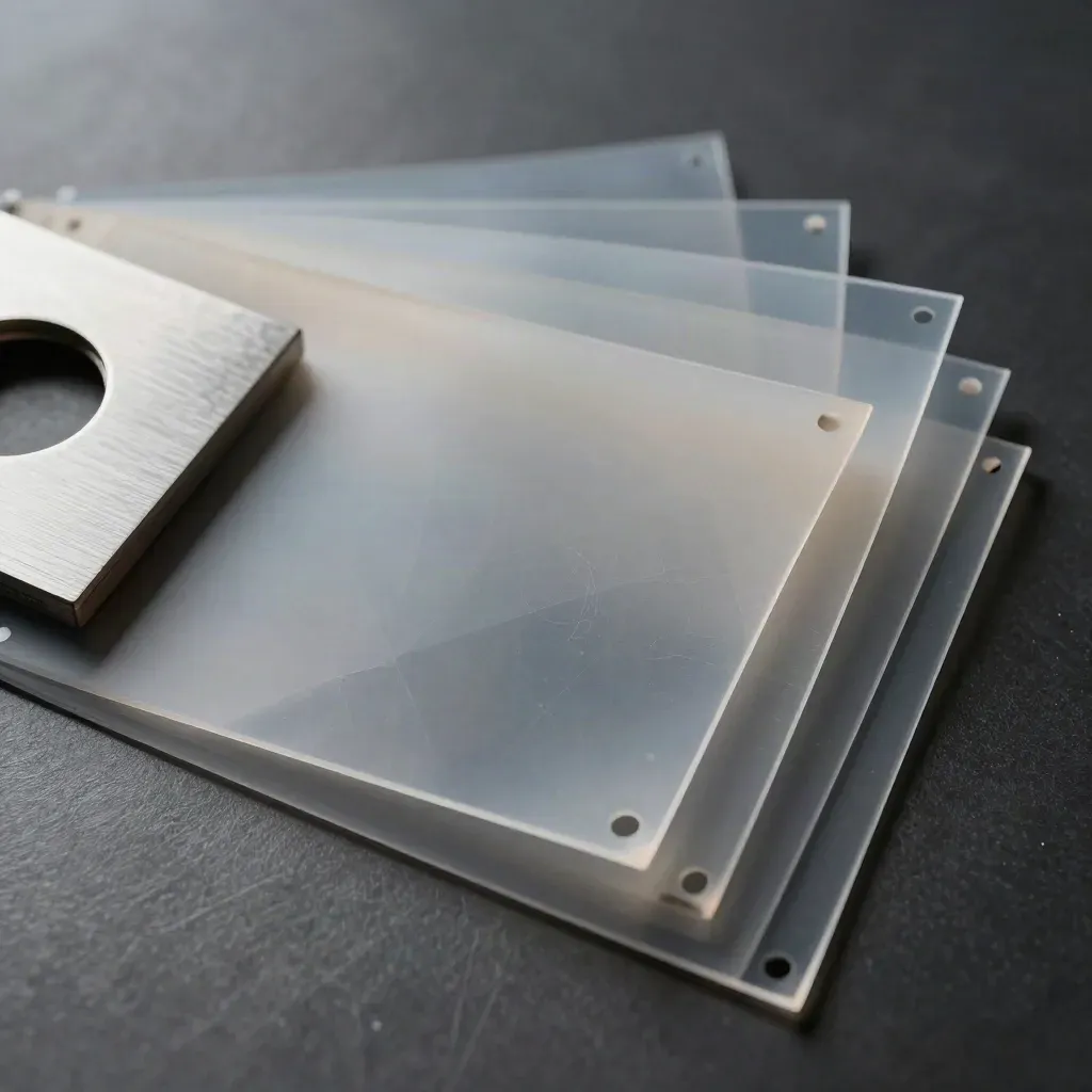 Acetate flow sheets and an aluminium square fanned on brushed metal in moody studio light.