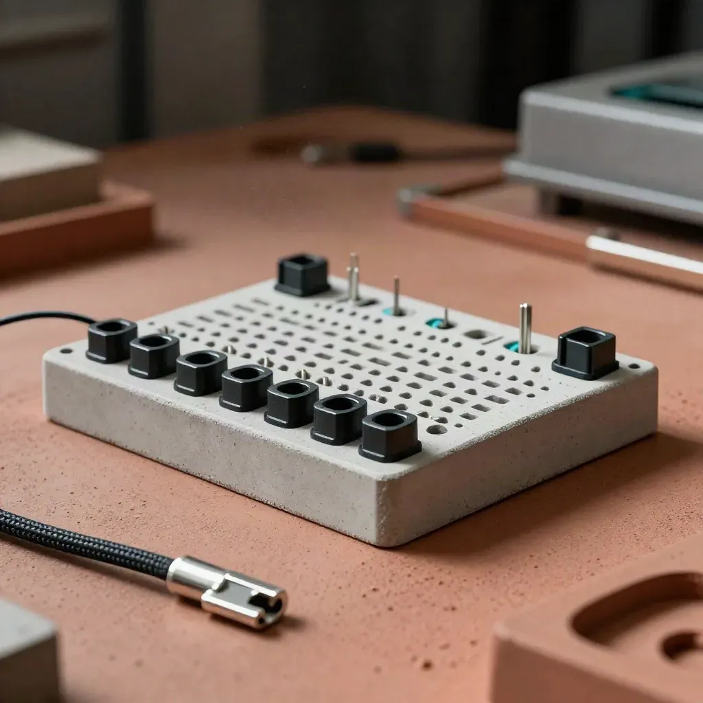 Prototype breadboard, jumper leads, and matte enclosure shell on pale concrete under dramatic studio light.