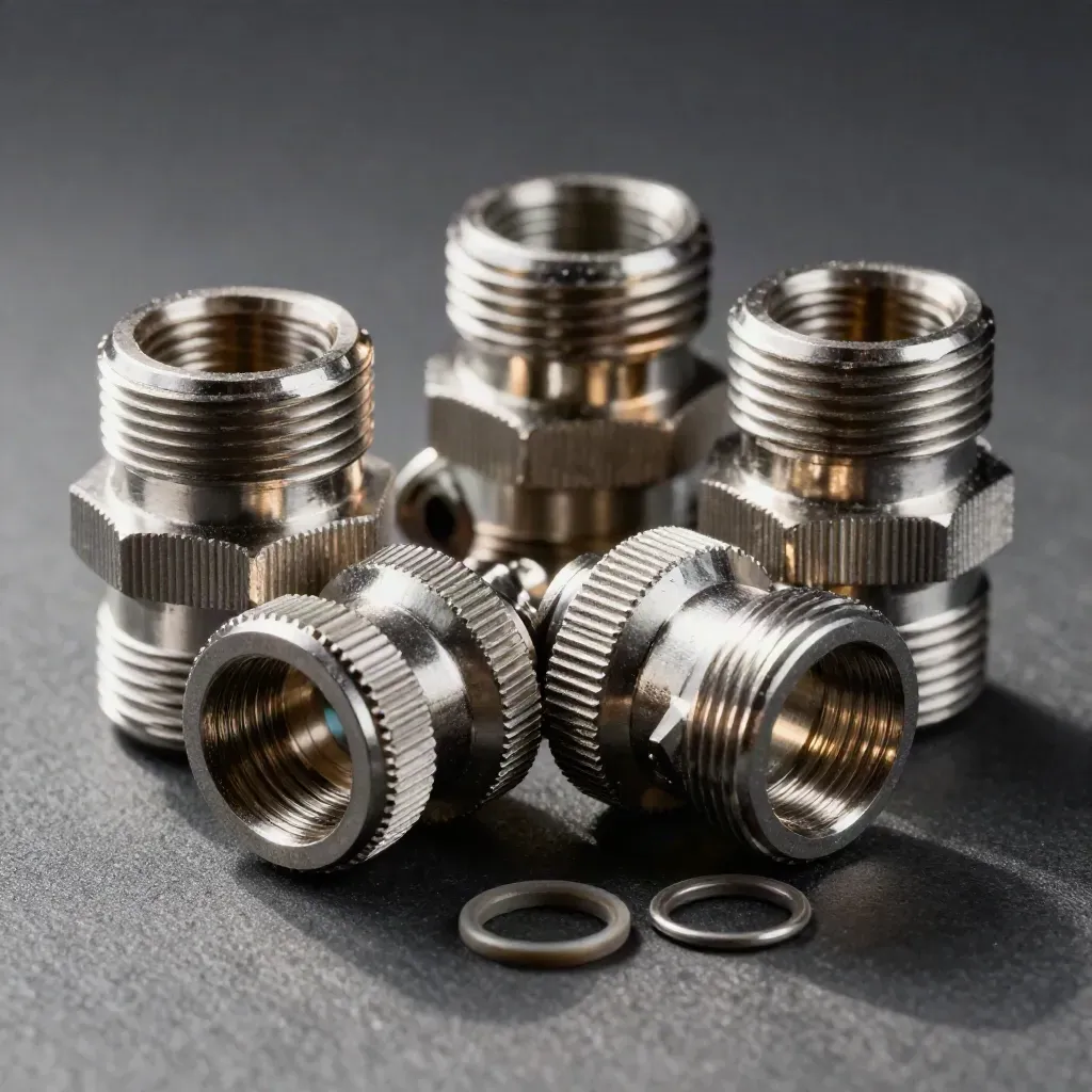 Macro of machined metal couplers and adapters on a graphite surface