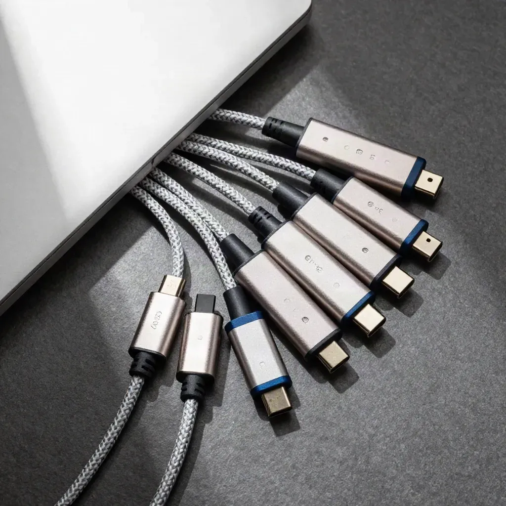 Top-down silver laptop with braided USB-C cables and tidy adapters on graphite stone.