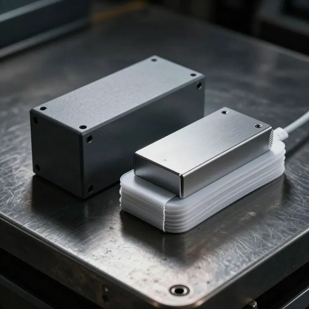 Relay block, timer module, and white cable ties on dark brushed metal, lit dramatically from above-left.