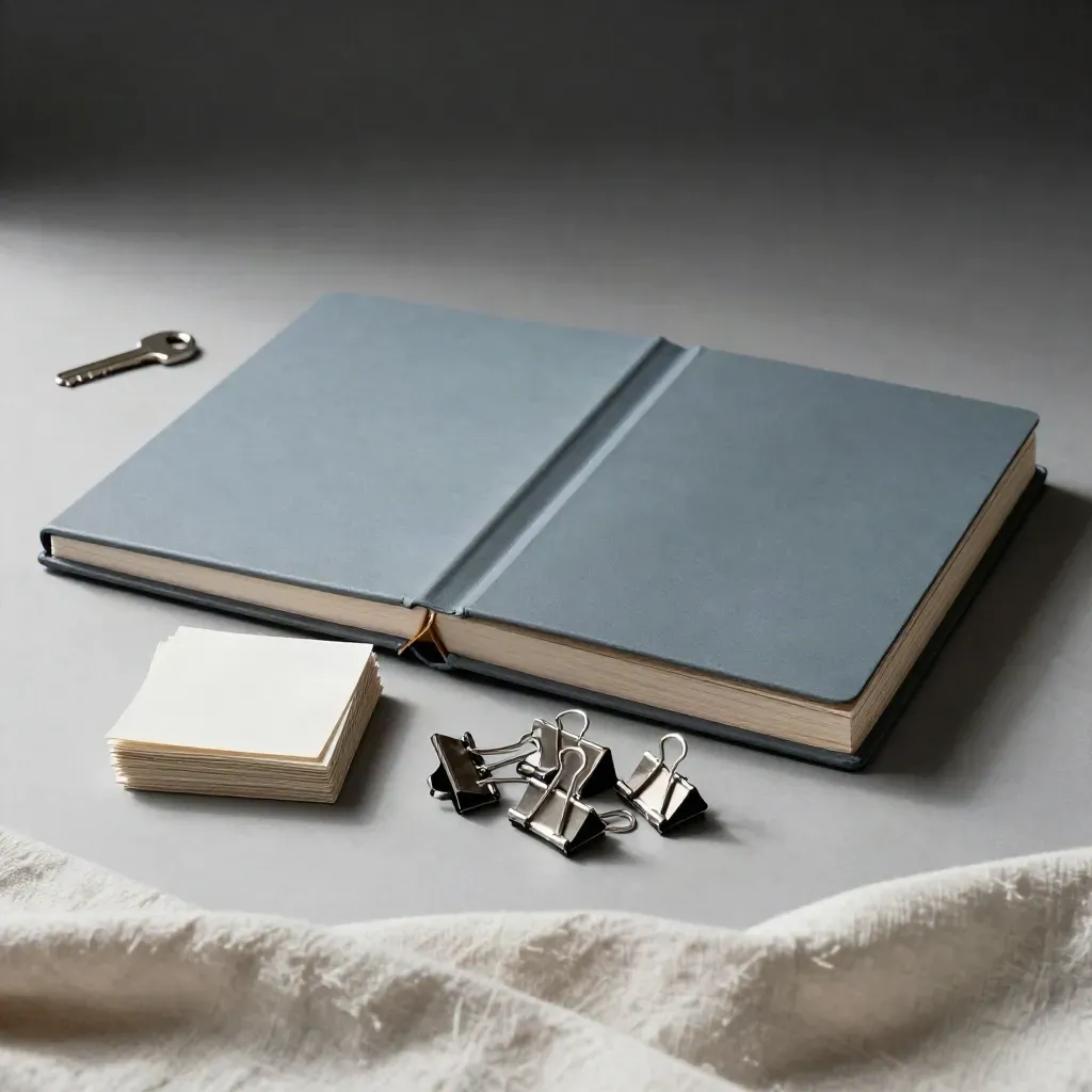 Workshop binders, folded flow cards, and binder clips on pale wood in dramatic studio light.