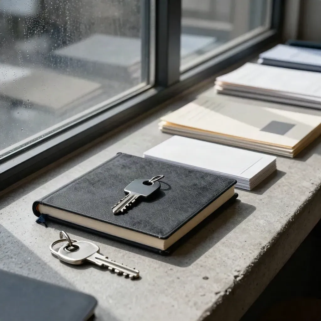 Macro still life of startup planning tools behind a blurred glass edge.