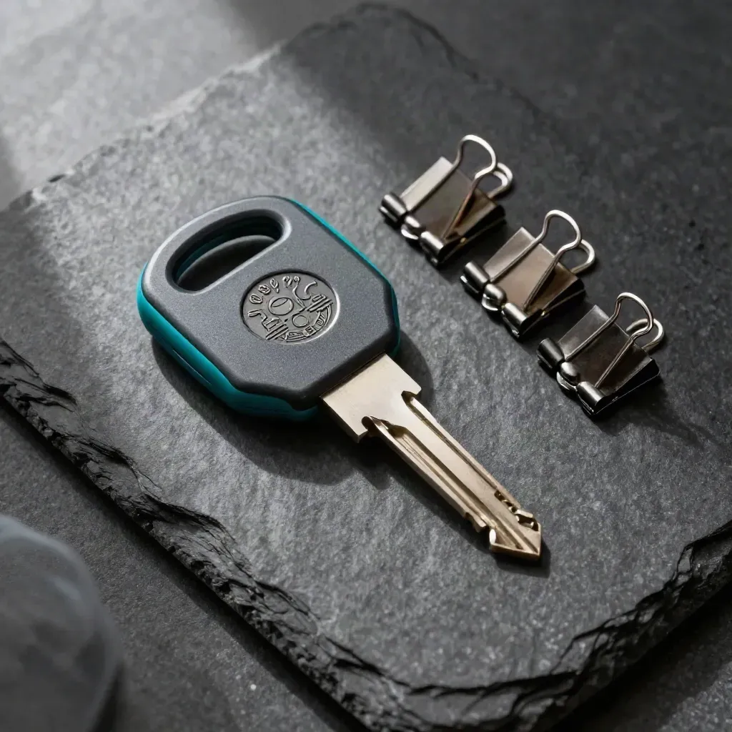 Overhead still life of a security key, seal stamp and file clips on charcoal stone.