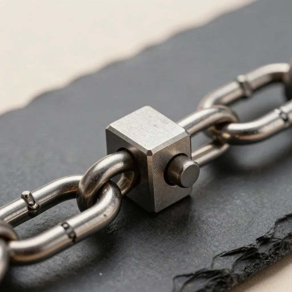 Macro still life of steel rings, cable loops and a machined connector block on slate.