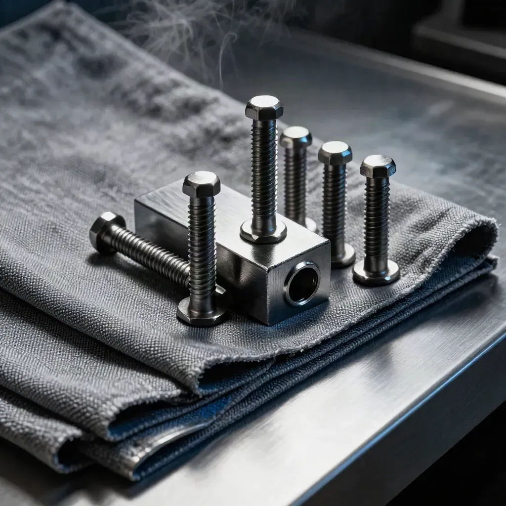 Graphite standoffs and a machined bracket on brushed metal with folded cloth