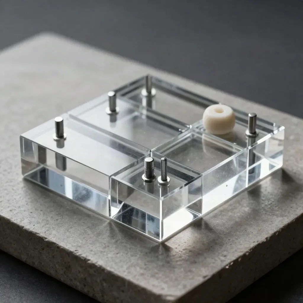 Clear acrylic blocks and ceramic spacer arranged in a precise grid on pale stone.