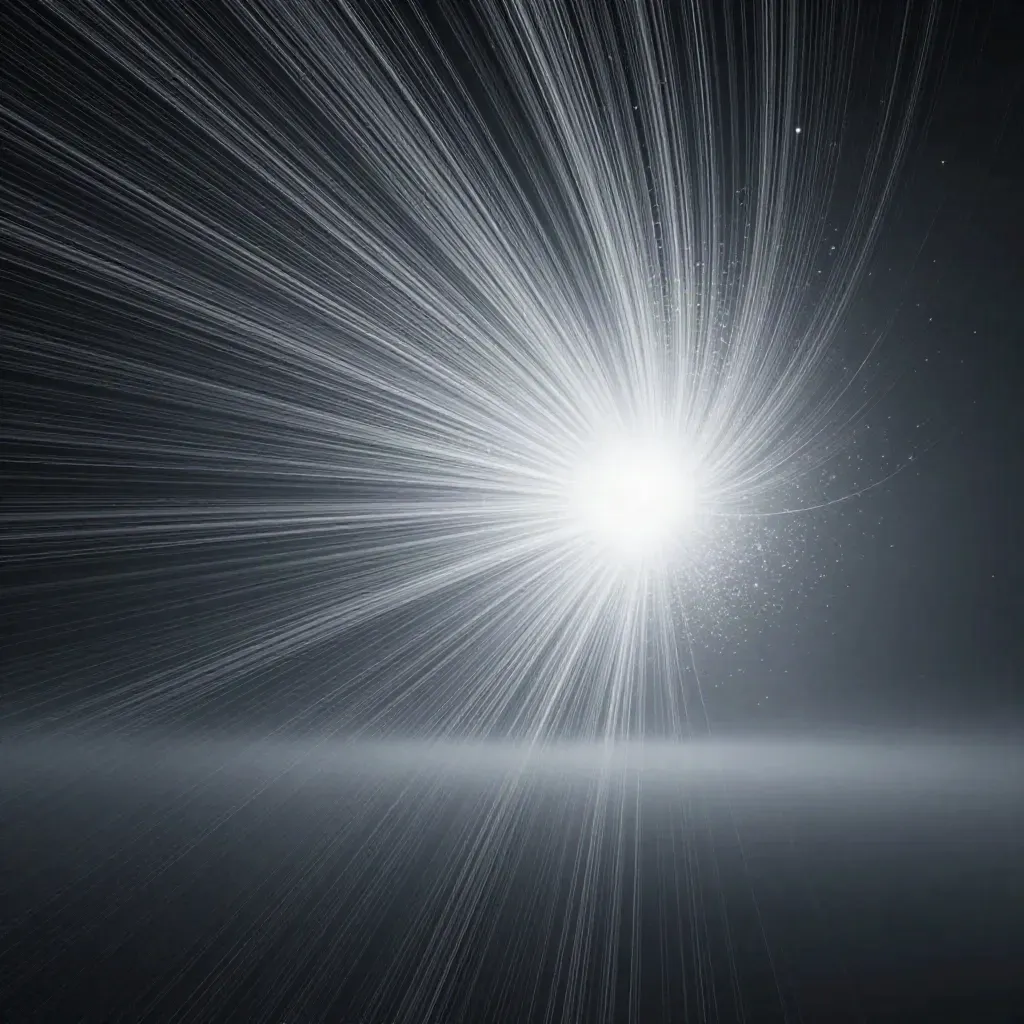 Silver filaments converge into a soft white bloom in dark haze, leaving open space for copy.