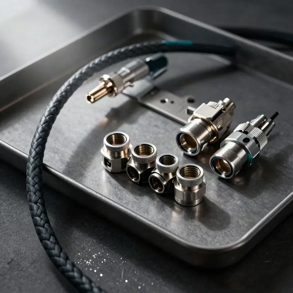 Overhead view of braided cable hardware and precision connectors on dark graphite metal.